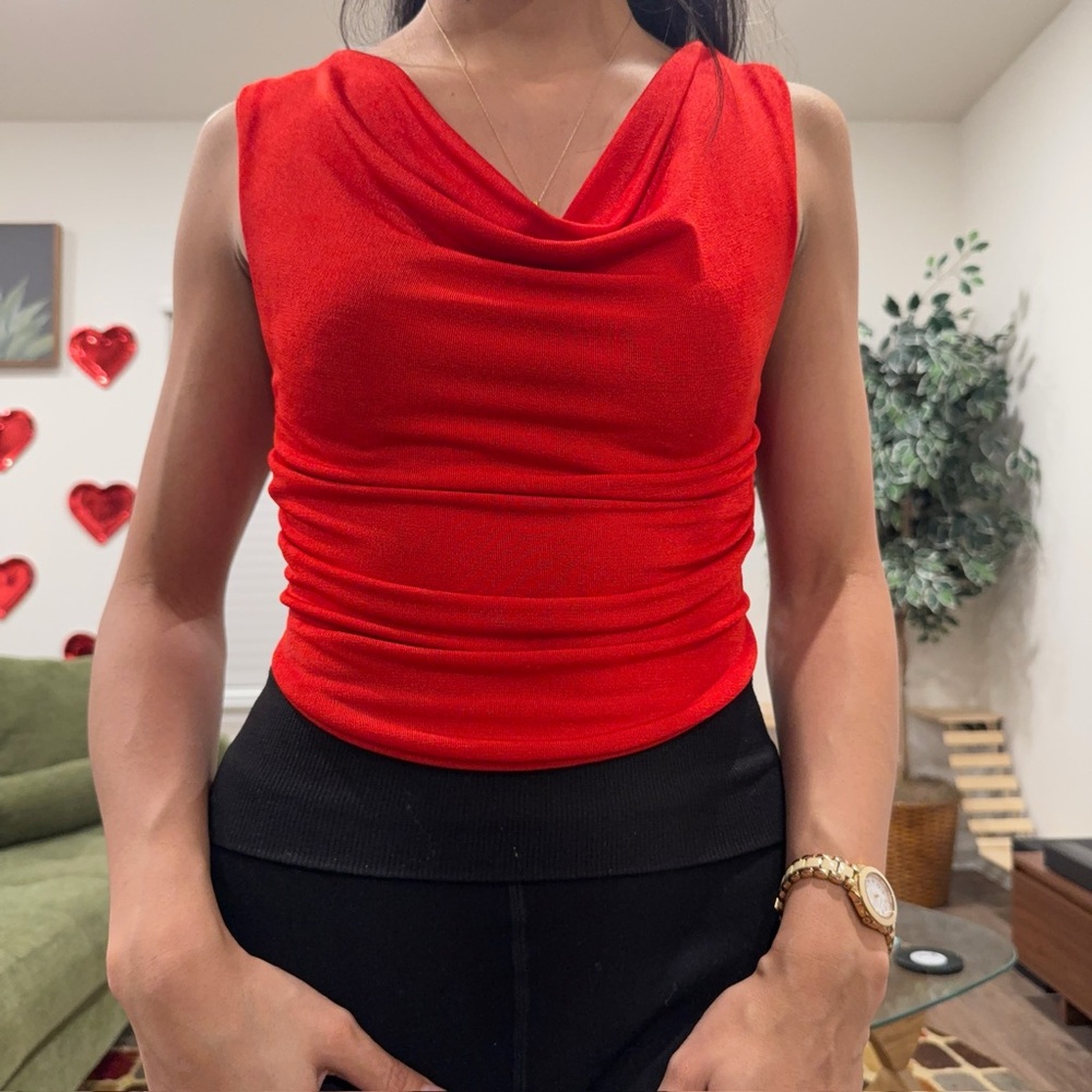 Red Sleeveless Cowl Neck Top